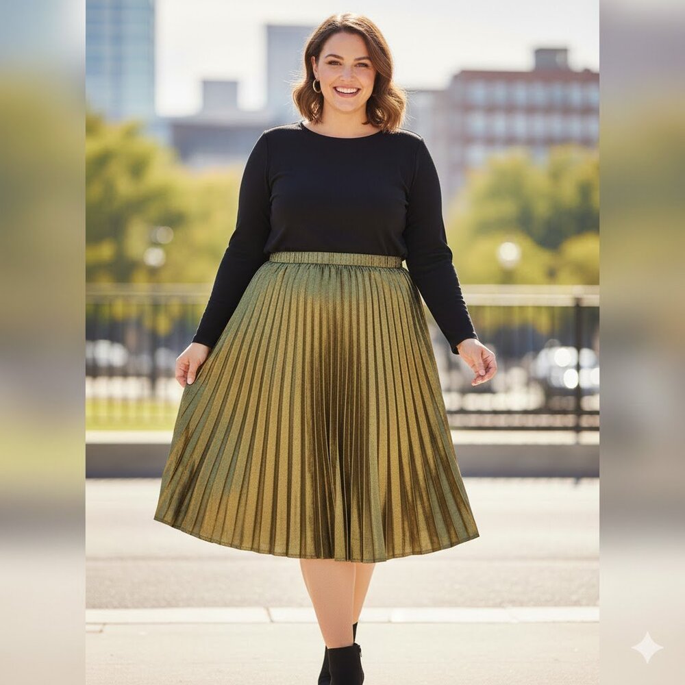 Caligraphie Metallic Gold Women's Pleated Midi Skirt